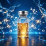 A research vial of hCG on a deep blue laboratory background with warm glow