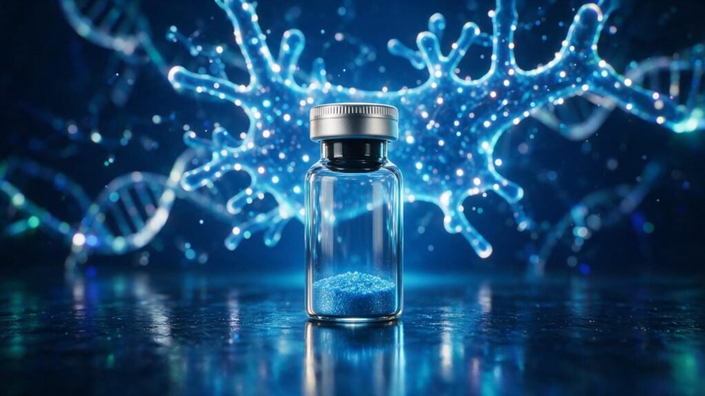 A glowing research vial of GHRP-6 peptide on a deep blue laboratory background