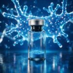 A glowing research vial of GHRP-6 peptide on a deep blue laboratory background
