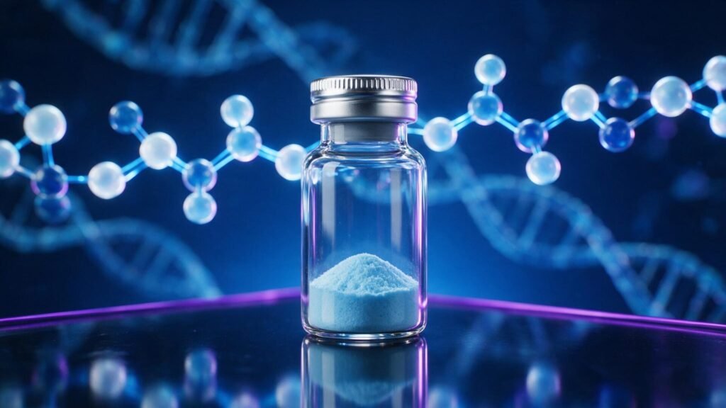 A glowing research vial of Ipamorelin peptide on a deep blue laboratory background