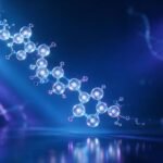 Glowing peptide amino-acid chain on a deep blue laboratory background